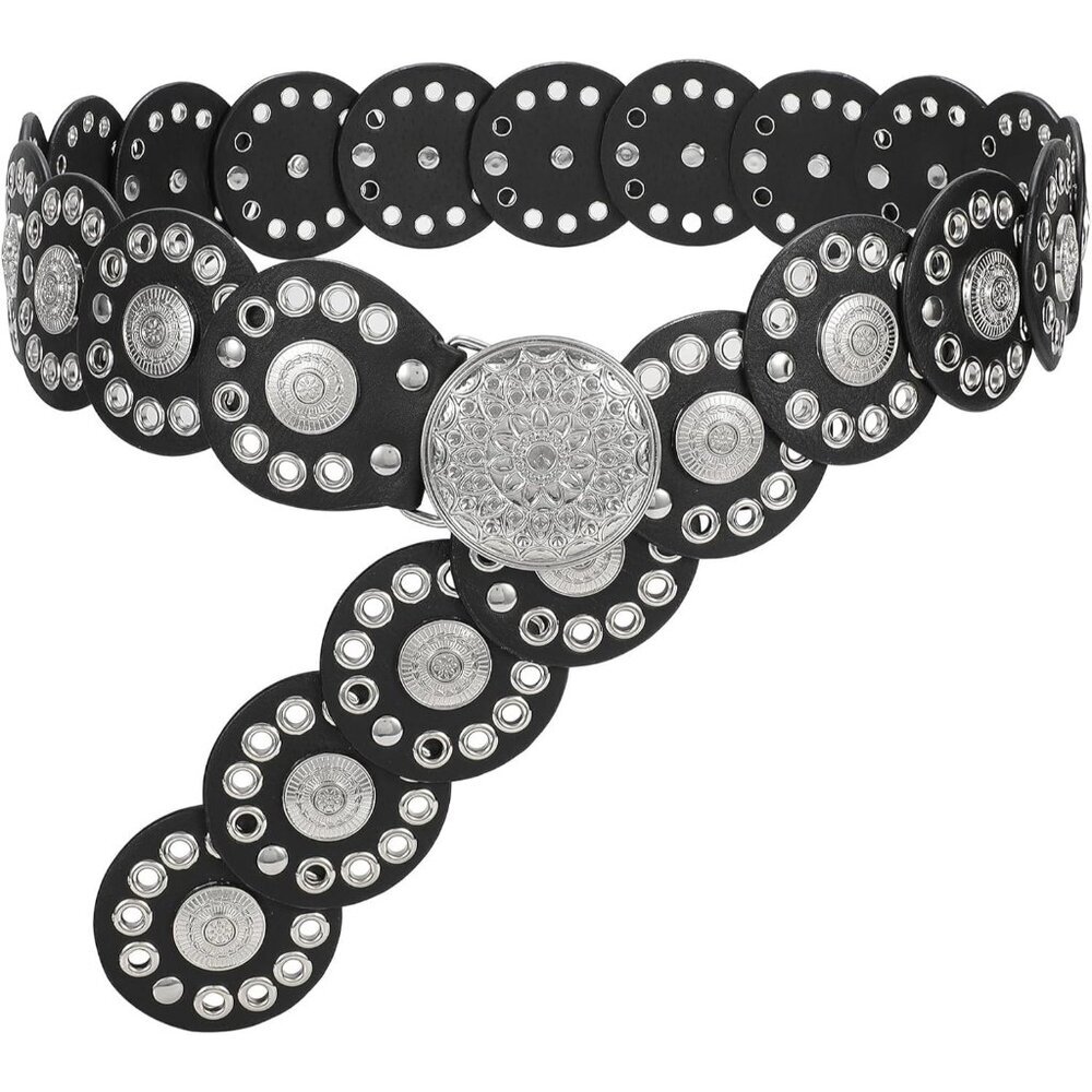 Women Vintage Disc Waist Concho Leather Belt Boho Waist Belt Black Silver Buckle